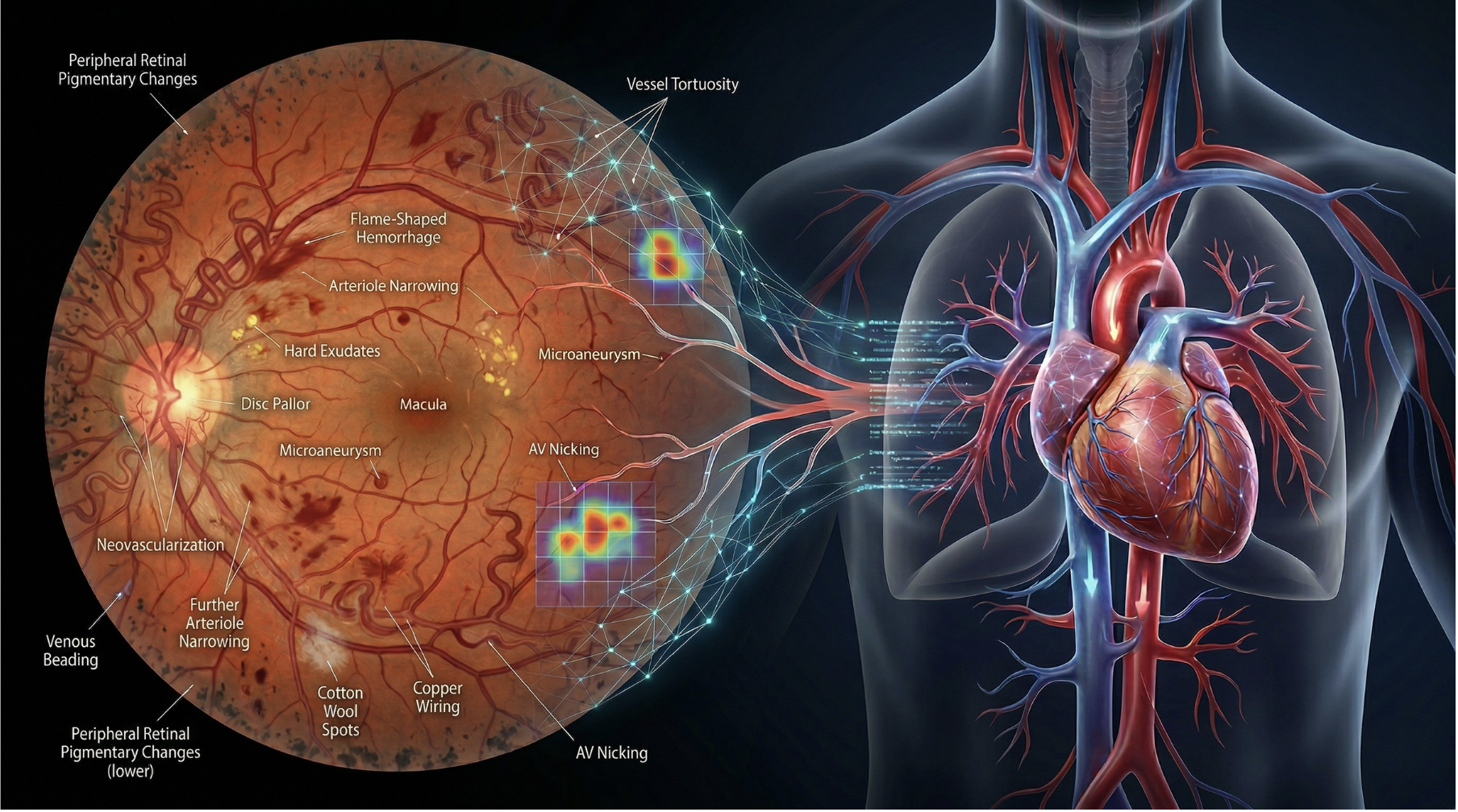 Diagram showing how retinal vascular biomarkers (vessel tortuosity, AV nicking, microaneurysms, hemorrhage) connect via neural-network-style data lines to cardiac anatomy, illustrating the CardioVision multimodal fusion approach.